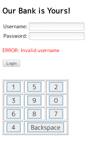 ウェブページのスクリーンショット。Our bank is yours! というタイトル、 Username と Password の入力ボックス、 ERROR: Invalid username という赤文字、 Login ボタン、電卓のようにならんだ 0から9までの数字ボタンと Backspace ボタンが表示されている。ただし、数字はランダムに並んでいる。