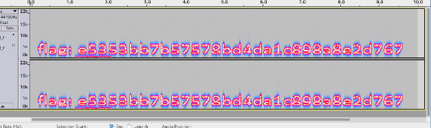 スペクトログラムを解析したスクリーンショット。スペクトログラムが文字列を表しており flag: e5353bb7b57578bd4da1c898a8e2d767 と書かれている。