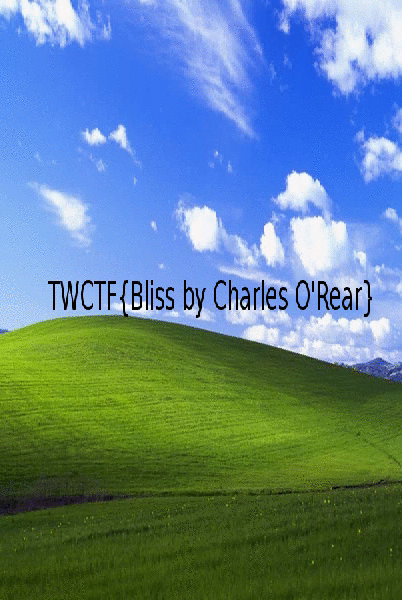 Windows XP で使われていた草原のデスクトップ壁紙の上に TWCTF{Bliss by Charles} と書かれている画像。